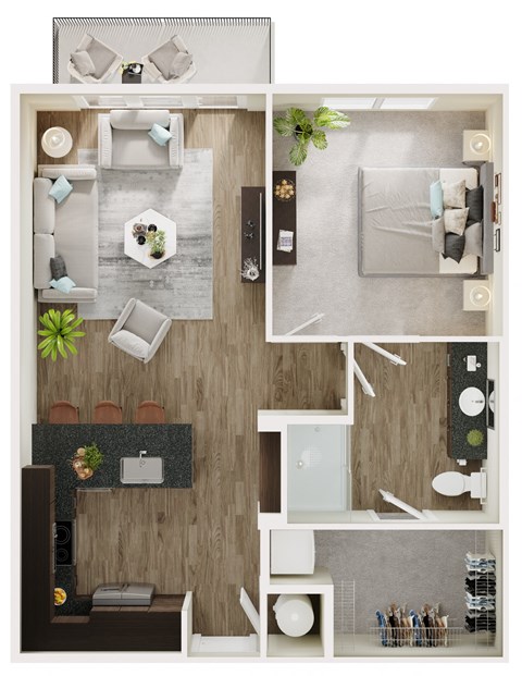 Floor plan for 1 bed, 1 bath, 725 sqft